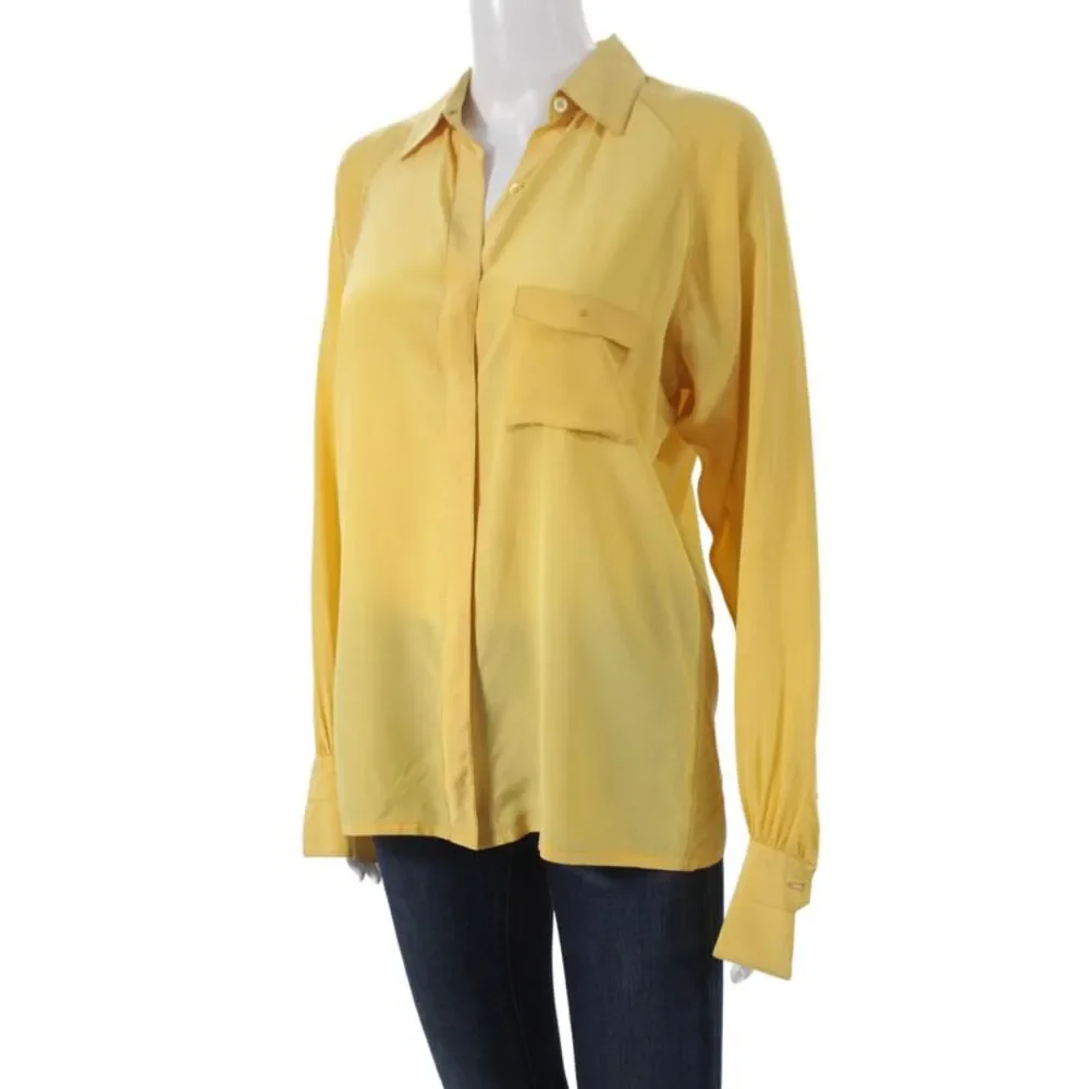 Chanel Women Yellow Silk Collared Long Sleeve Basic Blouse Size 38